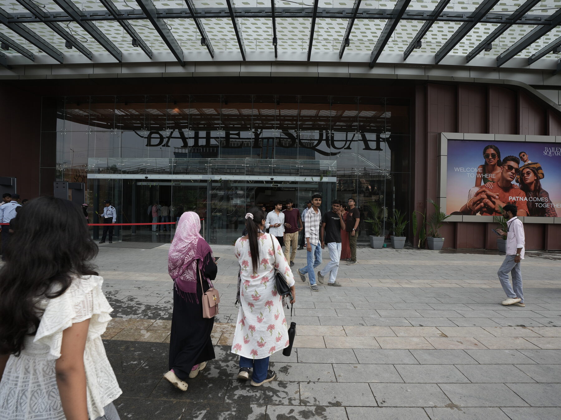 Visitors at the entrance forecourt